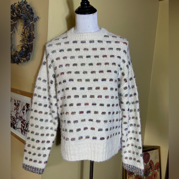 ZARA Size 14/16 Soft Sweater Ecru Rainbow Glitter Metallic Weave Fancy Knit NEW - Picture 1 of 14